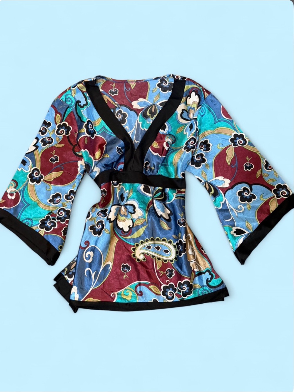 Vibrant Floral Wrap Top in Teal, Burgundy & Gold wrap kimono top